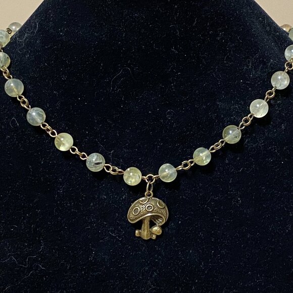 Natural Yellow Green Prehnite Necklace, Bronze Round Mushroom + Genuine Gemstone - Picture 3 of 16